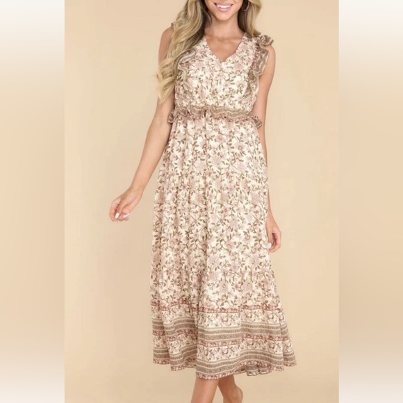 By The River Krysta Beige Floral Print Tiered Ruffle Maxi Dress Small - Picture 2 of 6